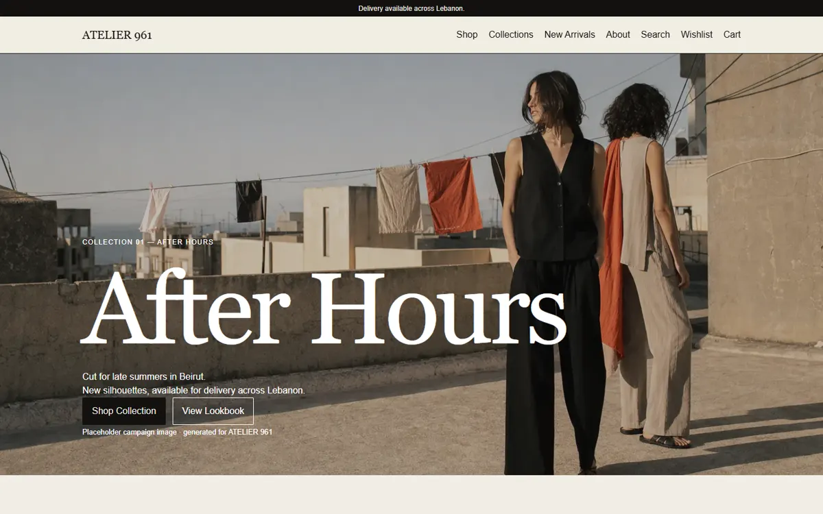 Atelier 961 fashion homepage featuring an editorial rooftop campaign in Beirut